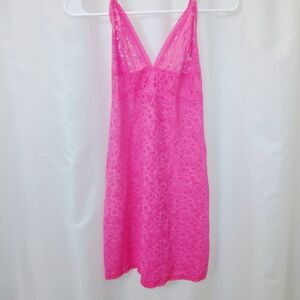 NWT Victoria's Secret Sz Large Hot Pink Lace Chemise with V-Neck
